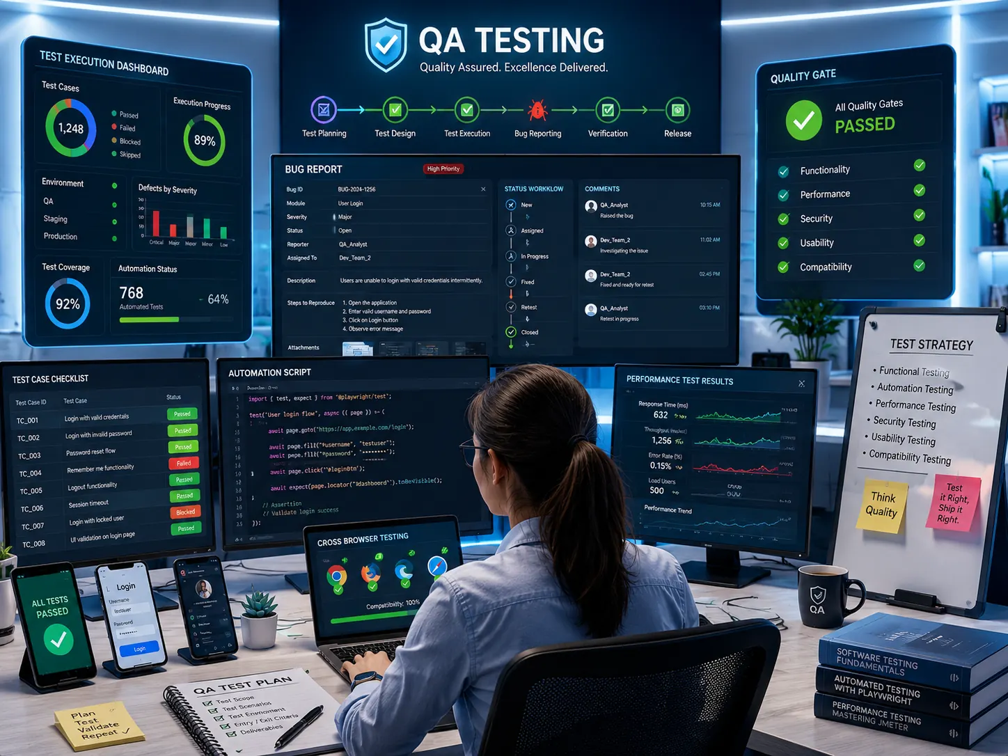 QA testing team reviewing test execution dashboards